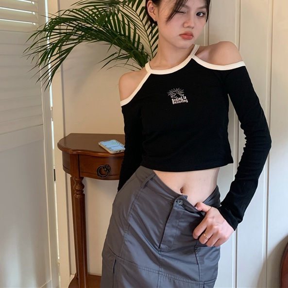 Áo thun SUXI tay dài trễ vai in họa tiết thời trang dành cho nữ