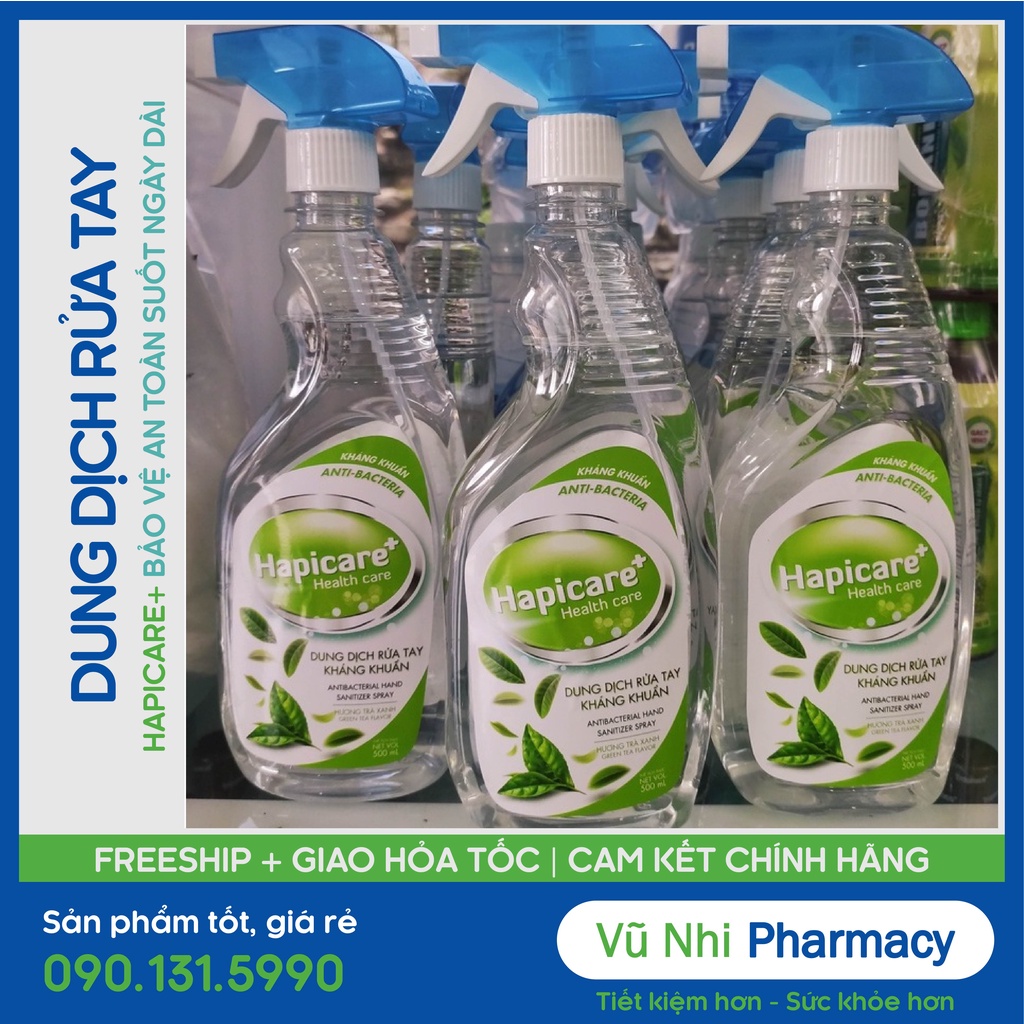 Chai xịt rửa tay kháng khuẩn 500ml hương trà xanh, nước rửa tay sát khuẩn cao cấp, xịt khử khuẩn Hapicare