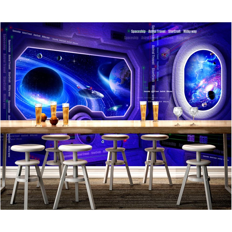 Giấy Dán Tường 3D Hình Tàu Không Gian Vũ Trụ Độc Đáo