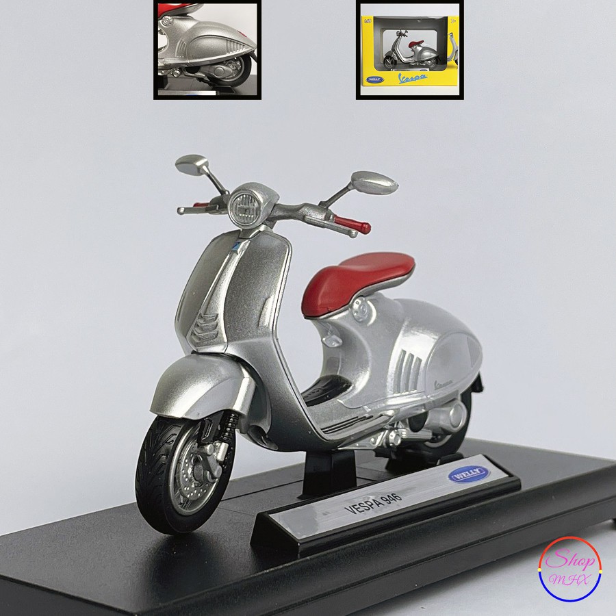 Xe mô hình mô tô Vespa 946 TẶNG KÈM BIỂN SỐ tỉ lệ 1:18 hãng Welly
