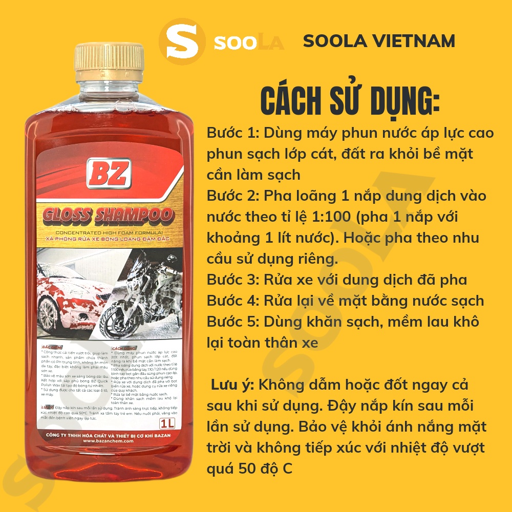 Nước rửa xe máy ô tô BZ bóng loáng, xà bông rửa xe BZ Gloss Shampoo, ô tô xe máy 1000 ml