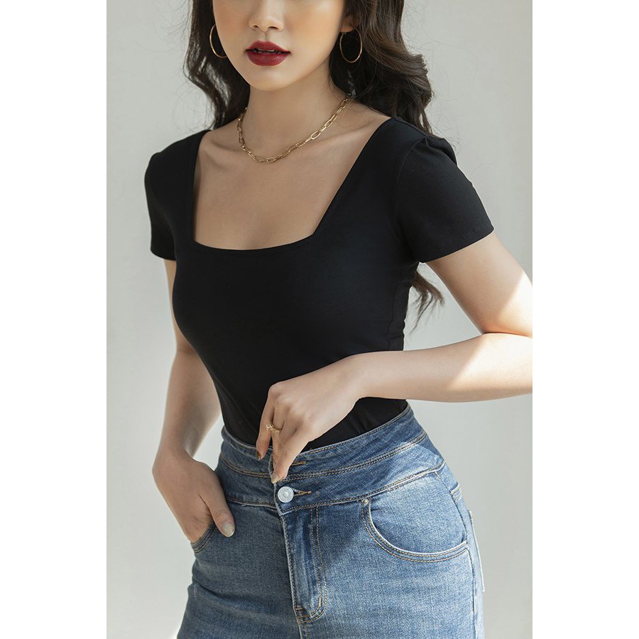Áo bodysuit ROSIE cổ vuông cộc tay CECCI màu đen cotton 100%