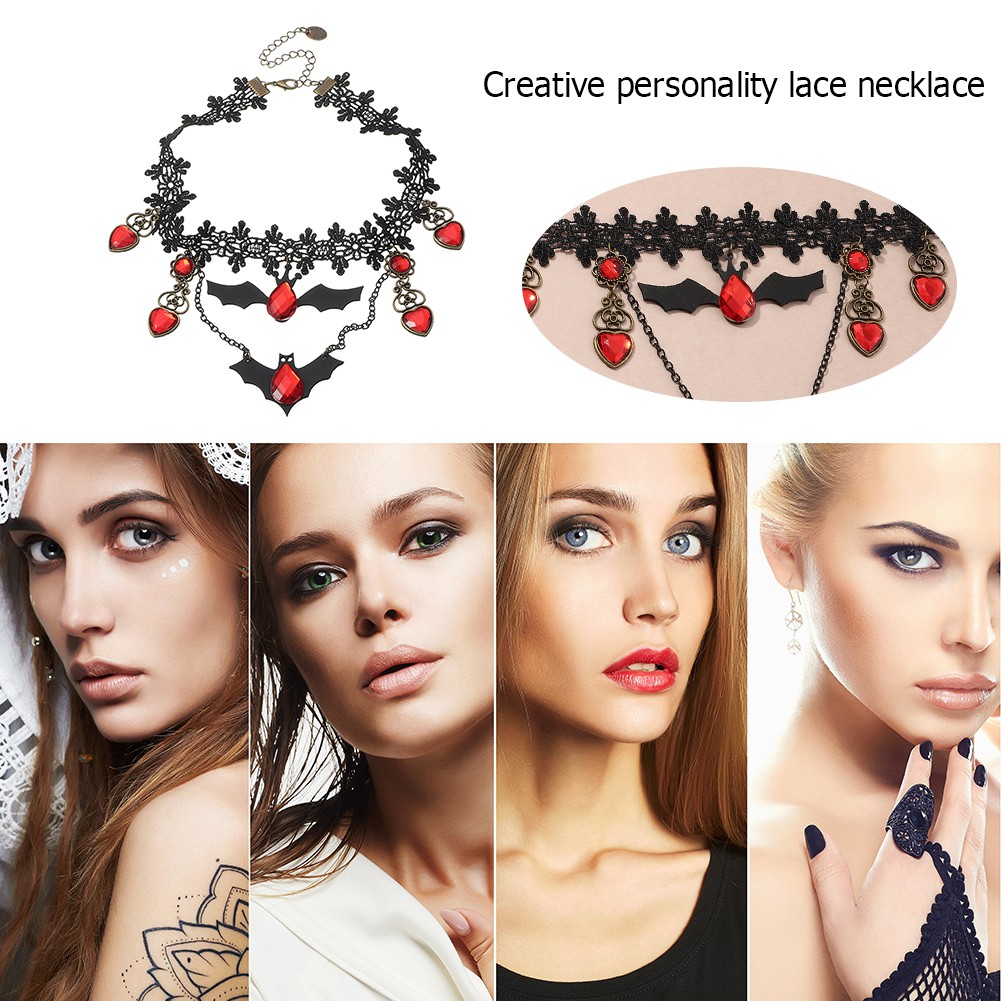 Vòng Cổ Choker Ren Mặt Hình Dơi Đính Đá Pha Lê Phong Cách Halloween