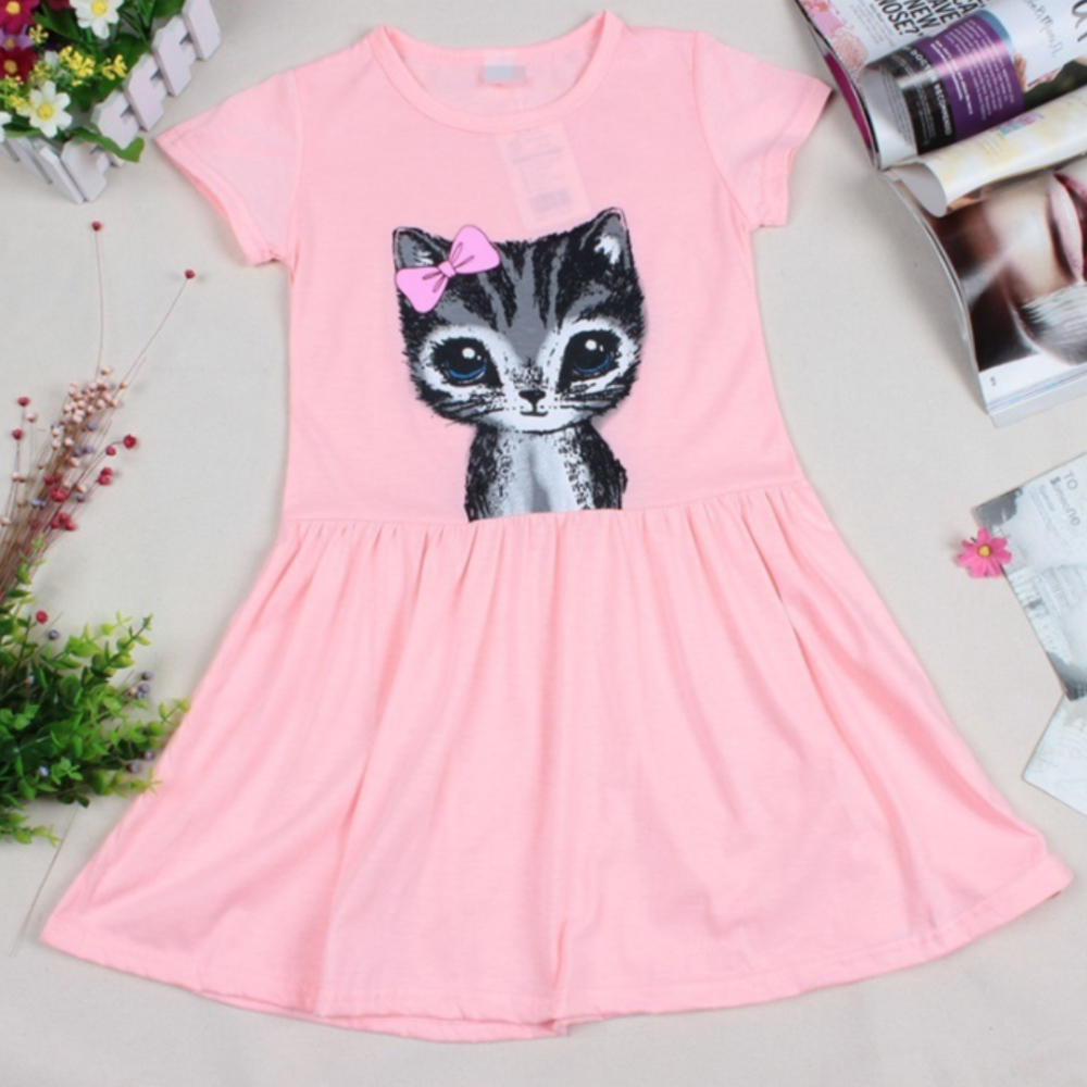 Hàng Có Sẵn Đầm Công Chúa Tay Ngắn In Hình Mèo Hoạt Hình Mùa Hè Cho Bé Gái