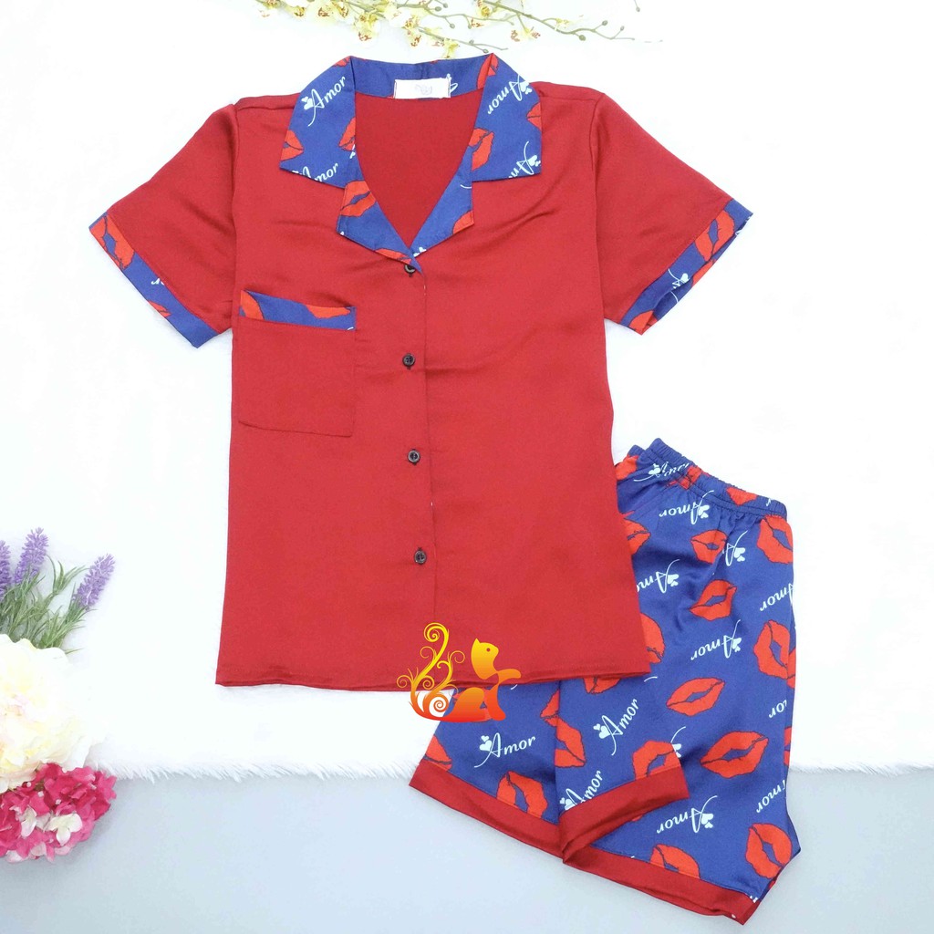 Bộ Mặc Nhà &quot;Lips - Amour&quot; Pijama Satin Lụa Cao Cấp - Siêu Mát - Dưới 60kg.