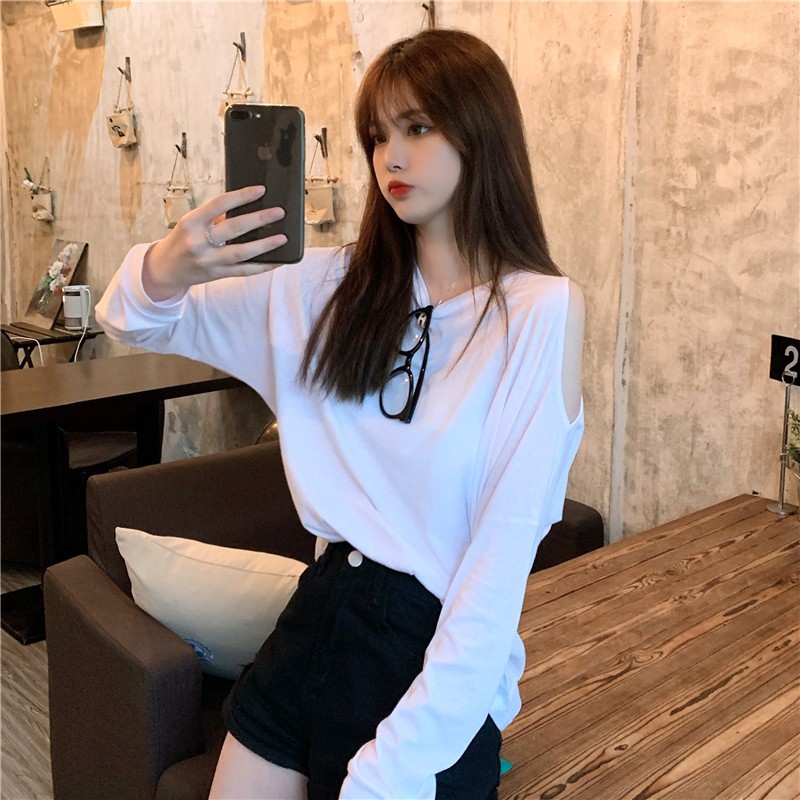 LEEVA - Áo thun trơn xẻ vai dáng dài ulzzang girl A050