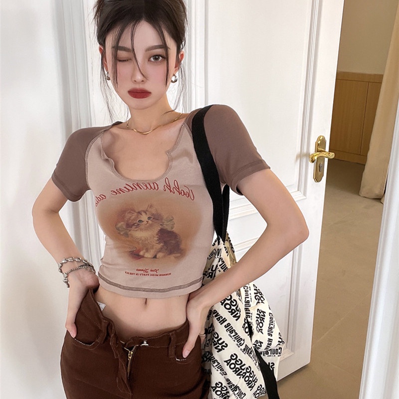 Áo Thun Croptop Tay Ngắn Dáng Ôm In Hình Mèo Dễ Thương