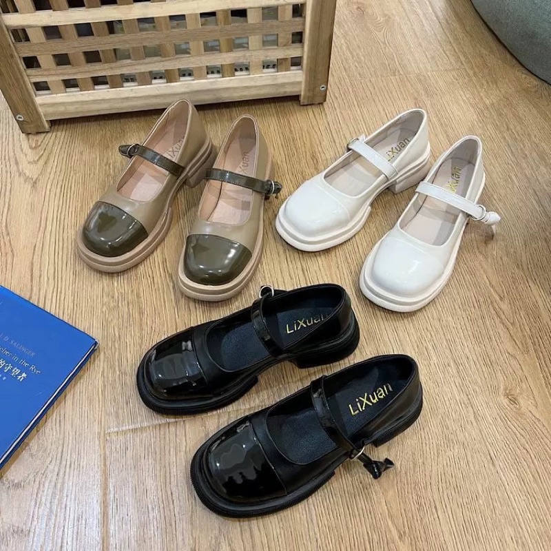 Giày búp bê dây cài da bóng, giày búp bê lolita đế cao 3p