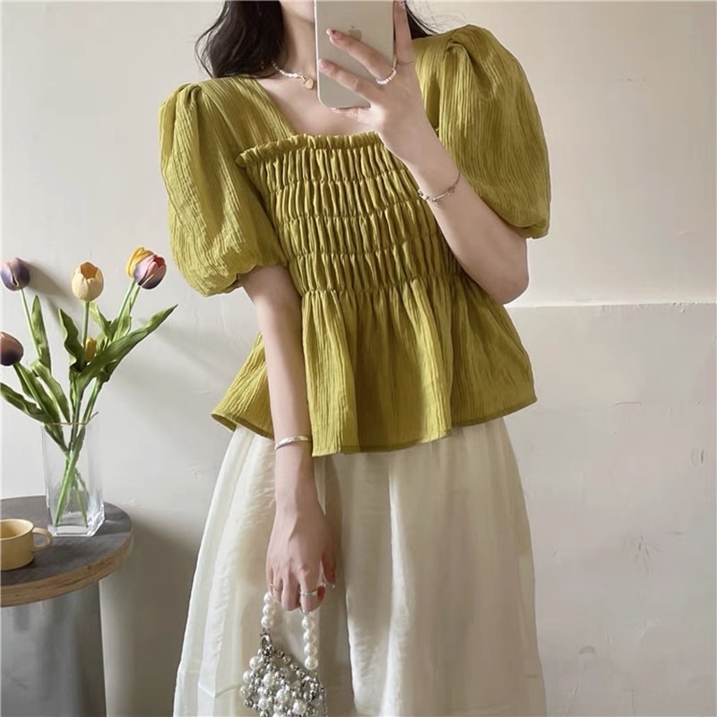 Áo Nữ dáng babydoll nhún ngực tay bồng tiểu thư m140