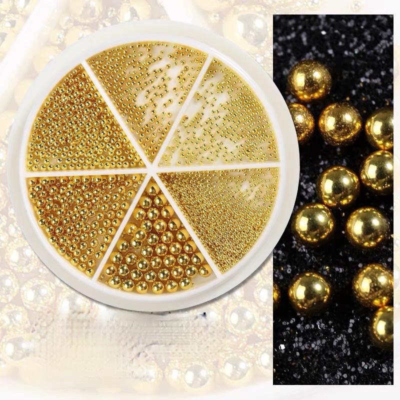 Set Bi Nail Trang Trí Móng Kim Loại Khay Tròn 6 Ngăn Mix Size