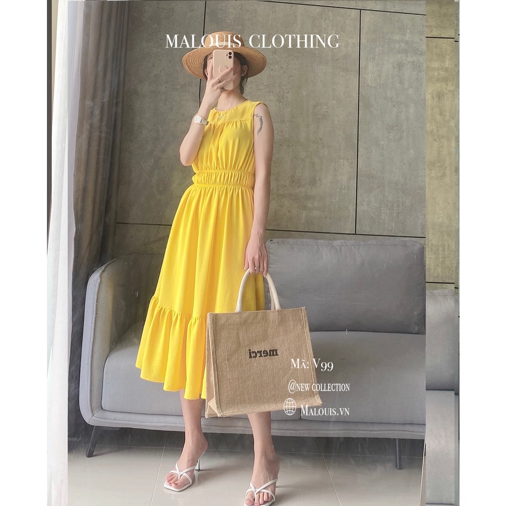 Đầm chun eo màu vàng sát nách dáng dài - Sale 50%