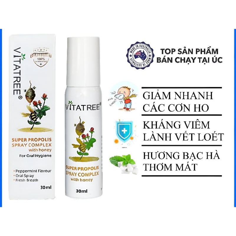 [Mẫu Mới] Chai 30ml xịt giảm đau họng từ keo ong hãng Vitatree của úc