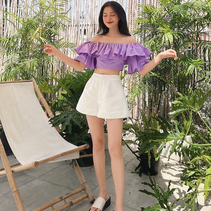 Anis_Áo croptop bẹt vai màu tím, tay phồng phần vai có thun co giãn, dây kéo phía sau Laphin Top