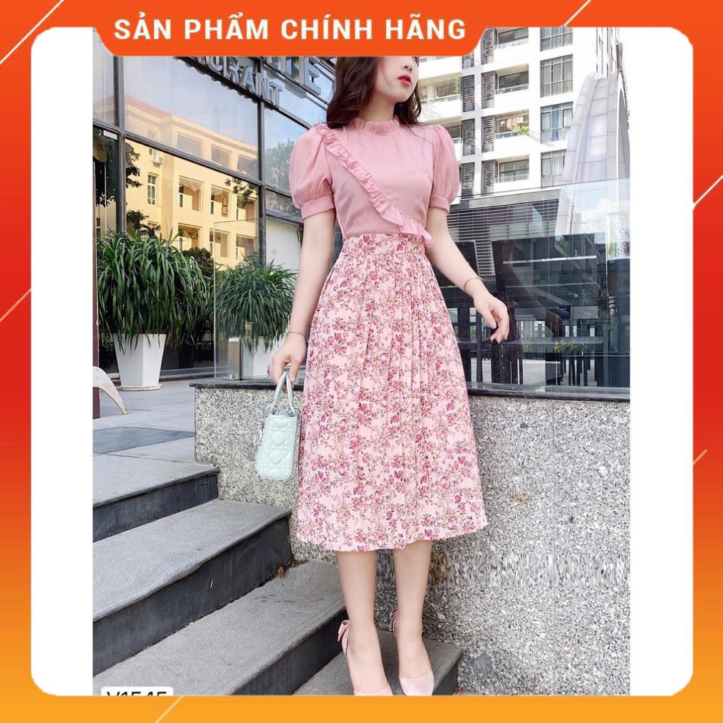 Váy Phối Trên Hồng, Bèo Chéo, Chân Váy Hoa Xếp Li - Váy Công Sở, Dự Tiệc, Hàng Ngày - CM - 1545
