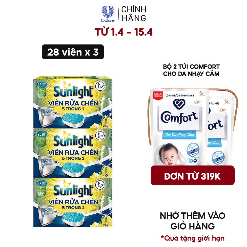Combo 3 Hộp Viên Rửa Chén SUNLIGHT 5 in 1 Cho Máy Rửa Chén Bát (28V/hộp)