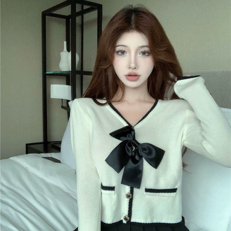Áo cardigan dệt kim tay dài dáng rộng phối nơ thời trang mùa thu mới cho nữ