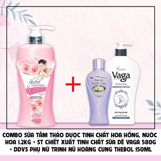 Combo sữa tắm hoa hồng Thebol 1200g + Sữa tắm sữa dê Vaga 580g + Dung dịch vệ sinh phụ nữ trinh nữ hoàng cung Thebol 150