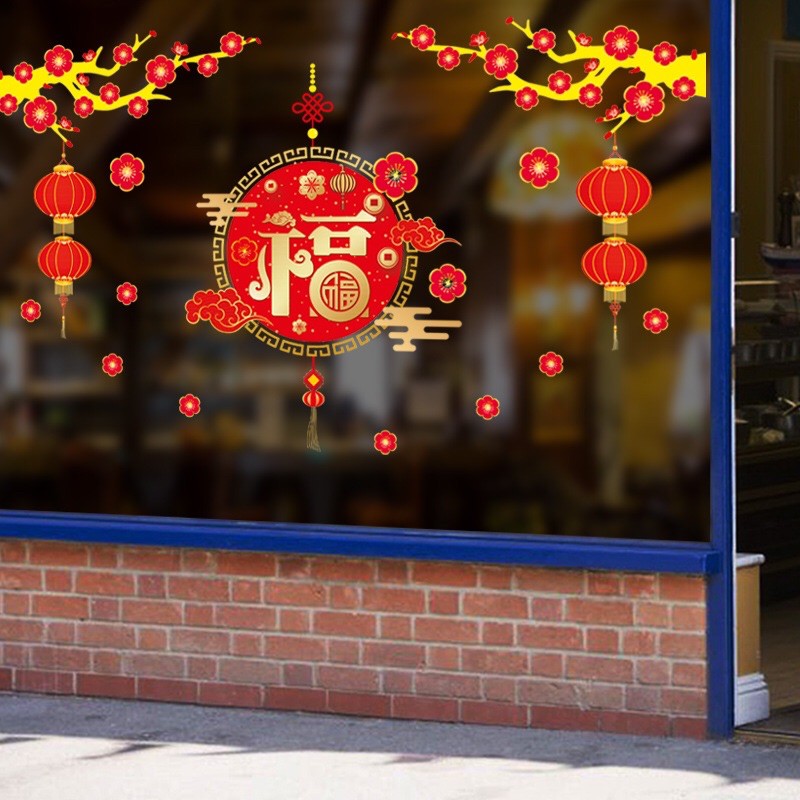 Decal trang trí Têt - Cành mai vàng Vòng bảng lớn đỏ chúc Tết