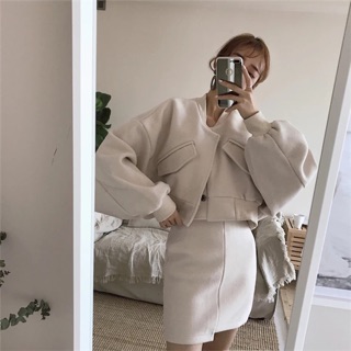 Set chân váy dạ ôm áo khoác dạ tay bồng hàng Qc( ảnh thật chèn tên shop)