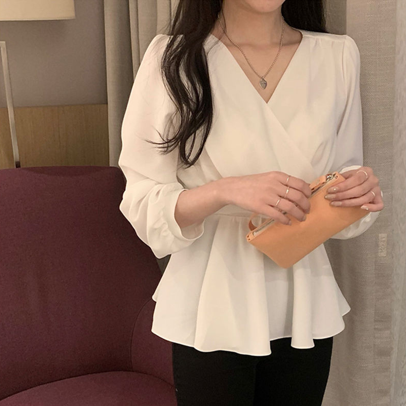 Áo chiffon SUXI tay dài cổ chữ V thanh lịch cho nữ