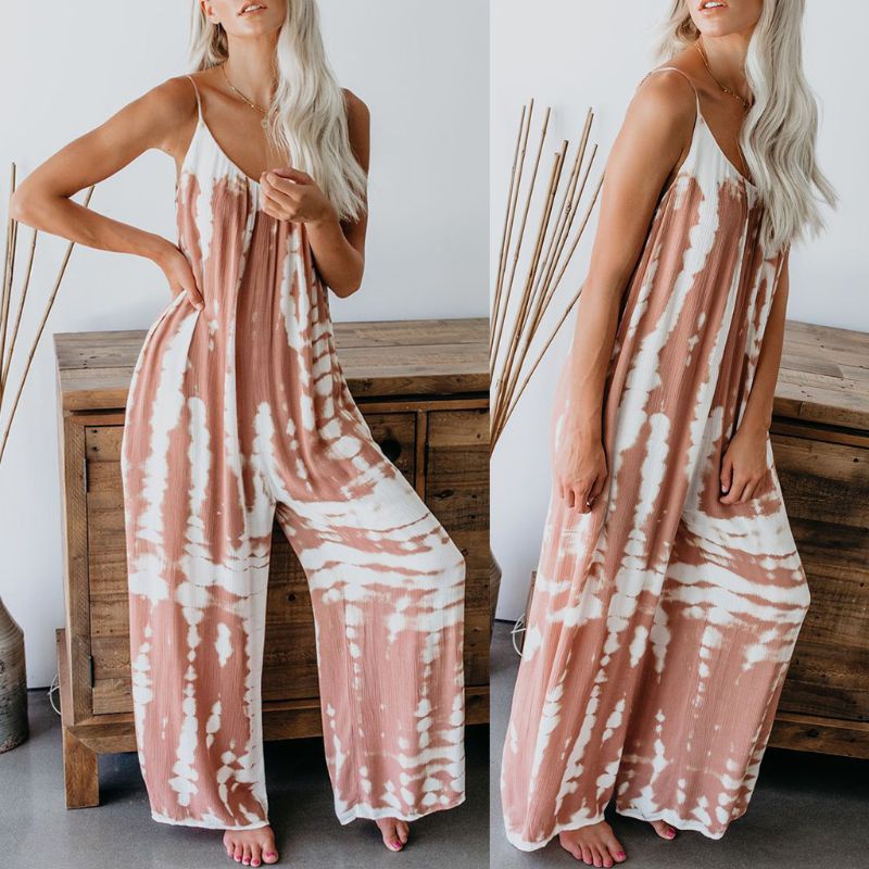 Bộ Áo Liền Quần Hai Dây Cổ Chữ V Ống Rộng Họa Tiết Màu Nhuộm Thời Trang Đi Biển Cho Nữ