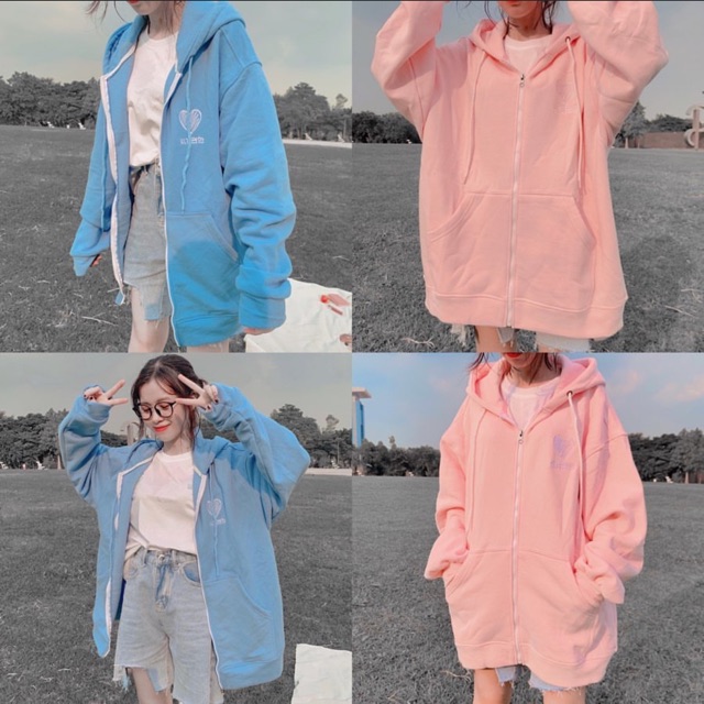 Áo khoác hoodie nỉ ngoại dáng rộng dưới 75kg - Thêu tim siêu hot