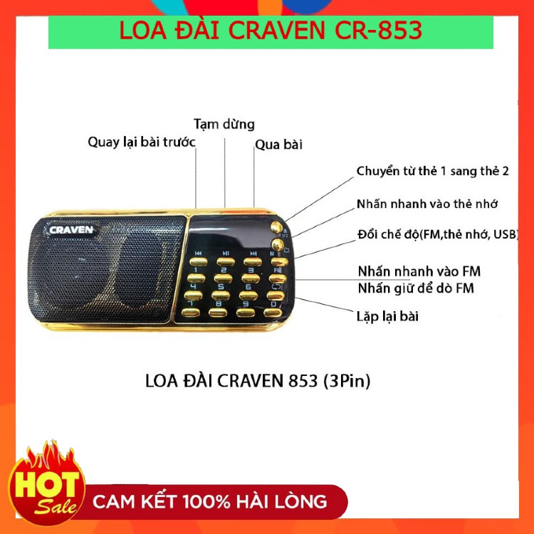 Loa  Đài Craven CR 853 ⚡FREESHIP⚡ Có Khe Cắm Thẻ Nhớ, USB, ĐÀI FM, Kinh Phật , Học Tiếng Anh, BH: 6 tháng