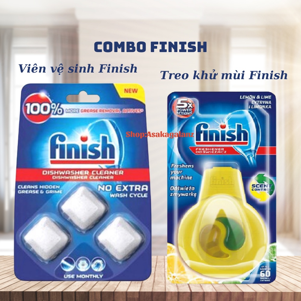 Combo vệ sinh máy rửa bát Finish: Viên vệ sinh Vỉ 3 viên, Treo Khử mùi hương chanh.