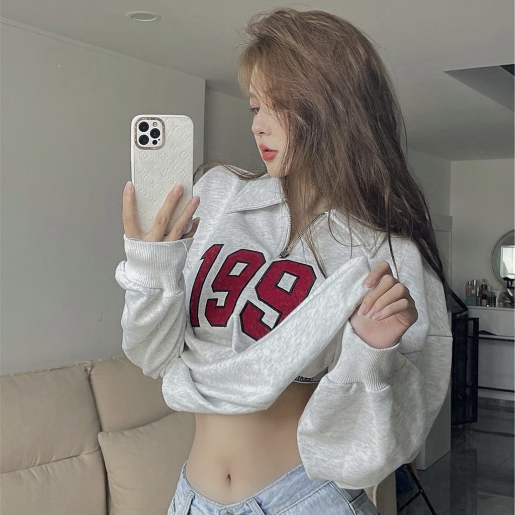 Áo sweater nữ polo có cổ form rộng chất nỉ bông dày ấm (có ảnh thật) phong cách Hàn Quốc màu xám 1990