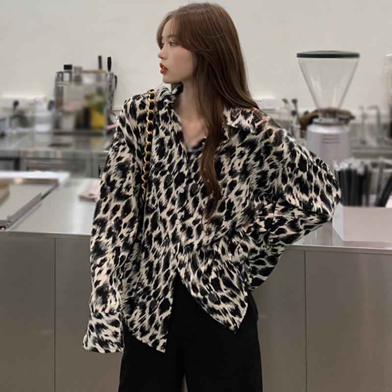 Áo Sơ Mi Tay Dài Dáng Rộng Họa Tiết Da Báo Quyến Rũ Phong Cách Hàn Quốc