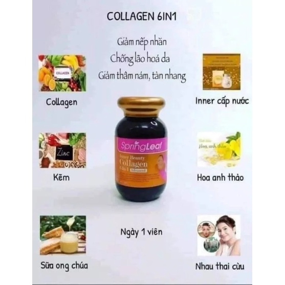 Collagen Springleaf 6 in 1 - Viên Spring leaf inner beauty colagen 6-IN-1 advanced, 90 viên và 180 viên