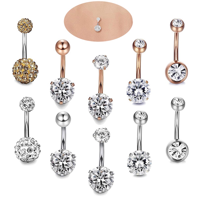 Set 5 Khuyên Rốn Thép Không Gỉ Đính Đá Pha Lê