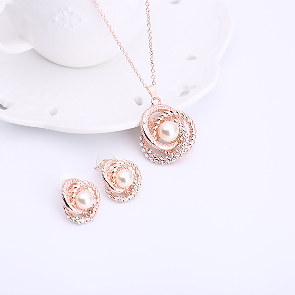 Bộ dây chuyền + bông tai nụ đính đá và ngọc trai giả sang trọng thanh lịch