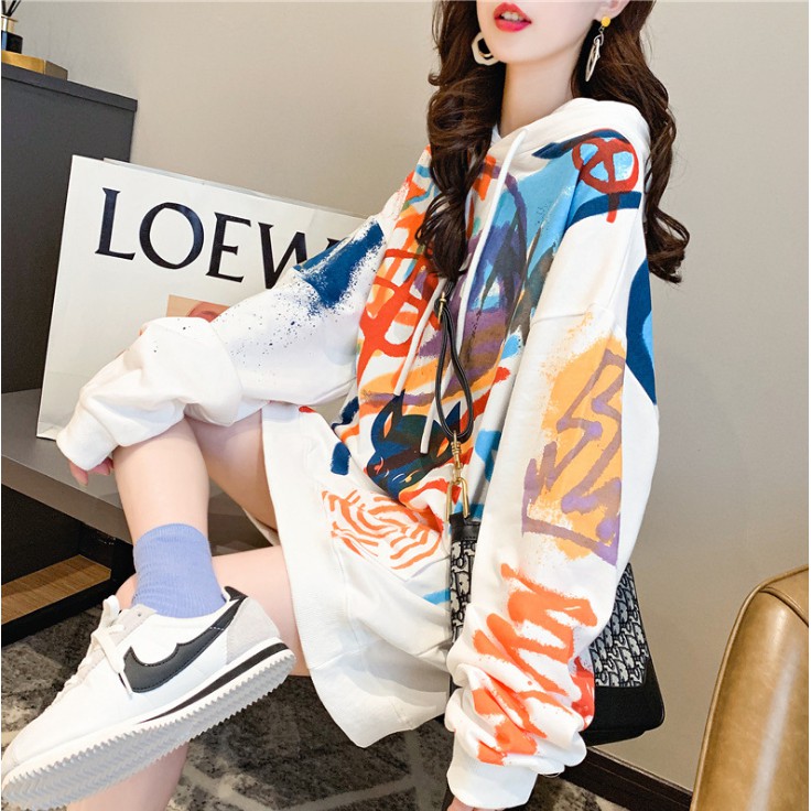 Áo len có mũ trùm đầu phong cách graffiti NEW 2021, Áo hoodie nữ mùa thu đông Style Hàn Quốc