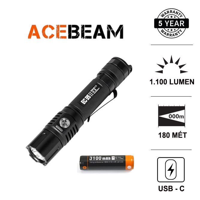 Đèn pin ACEBEAM EC35 GEN 2 LED SAMSUNG LH351D sáng 1100lm xa 180m sạc USB- C 1 pin 18650 3100mAh Đèn &amp; Đèn pin