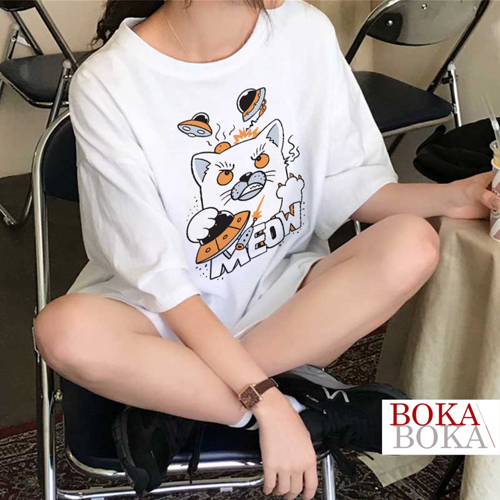 Áo thun nữ tay lỡ freesize phông form rộng Unisex In Hình Meow Beat UFO