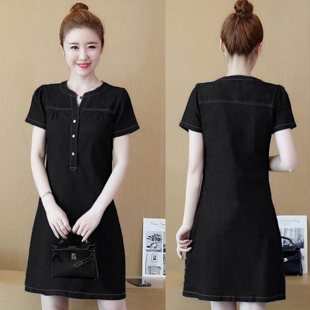 Đầm jean cổ trụ màu đen tay ngắn form chuẩn bao đẹp M L