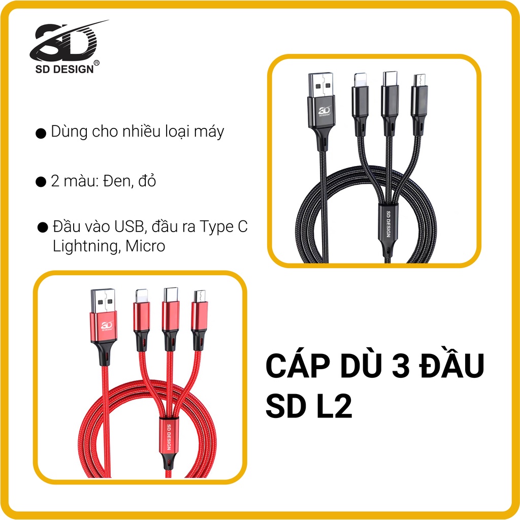 Cáp Sạc Bện Dù Đa Năng 3 in 1 SD DESIGN L2 Có Thể Sạc Cùng Lúc 3 Thiết Bị - Bảo Hành 12 Tháng Lỗi 1 Đổi 1