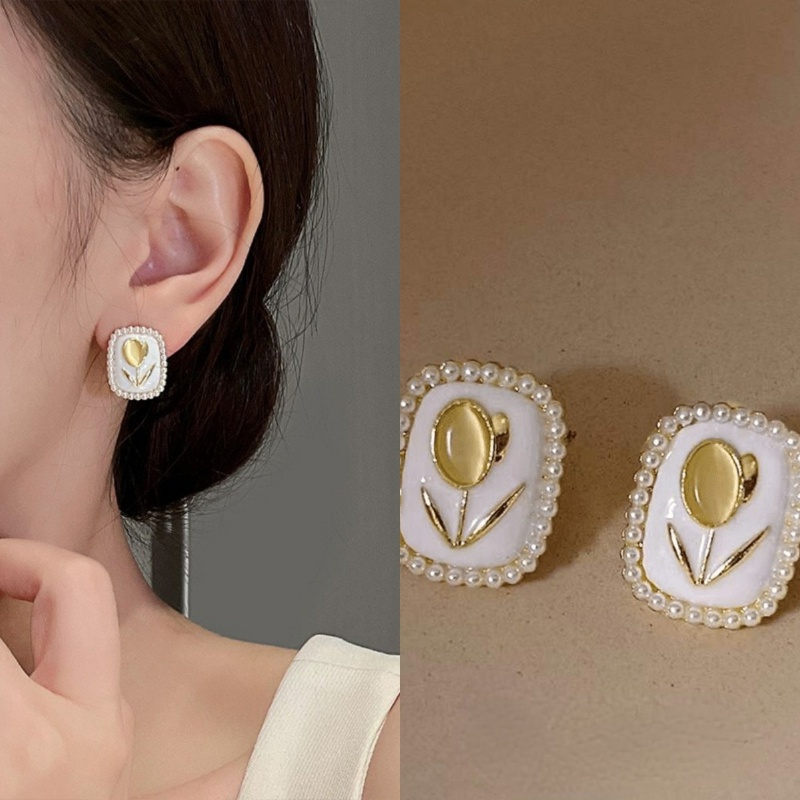 Hoa Tai Hình Hoa Tulip Đính Ngọc Trai Thanh Lịch Cho Nữ