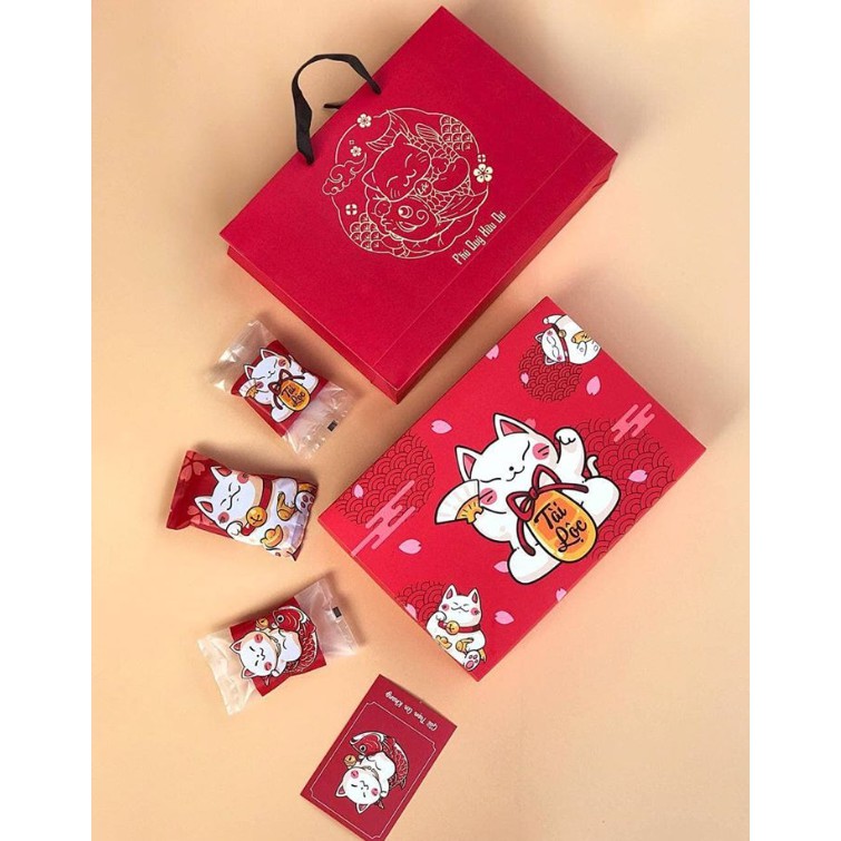 bộ hộp + túi mèo thần tài kích thước 27*5*19.5