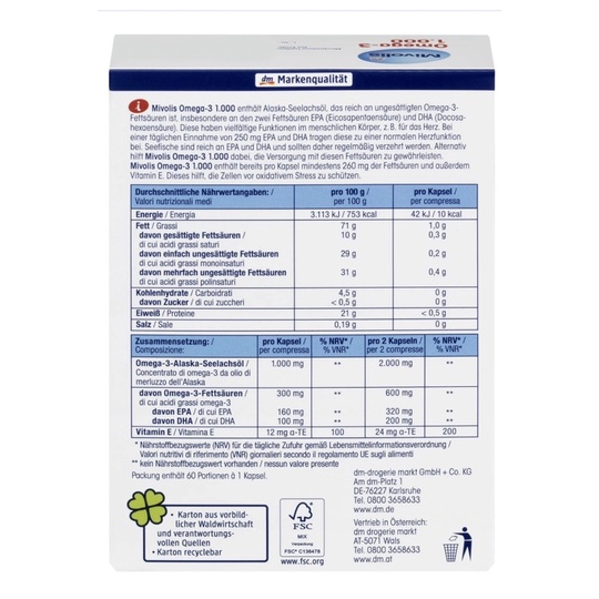 Omega-3 1000mg dầu cá Mivolis bổ sung axit béo Omega-3 & vitamin E, hộp 60 viên