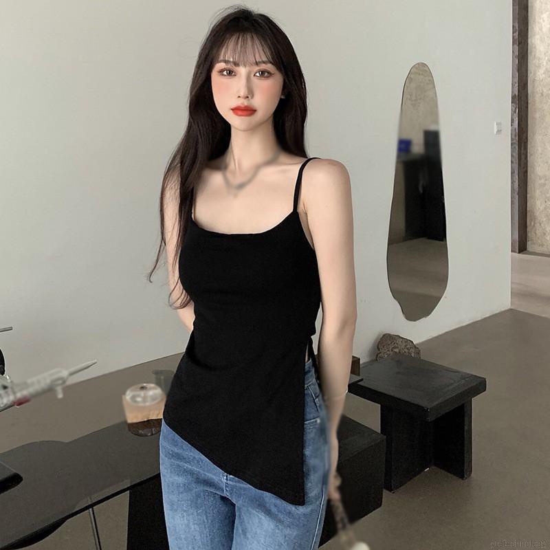 Áo hai dây xẻ tà màu sắc đơn giản cho nữ