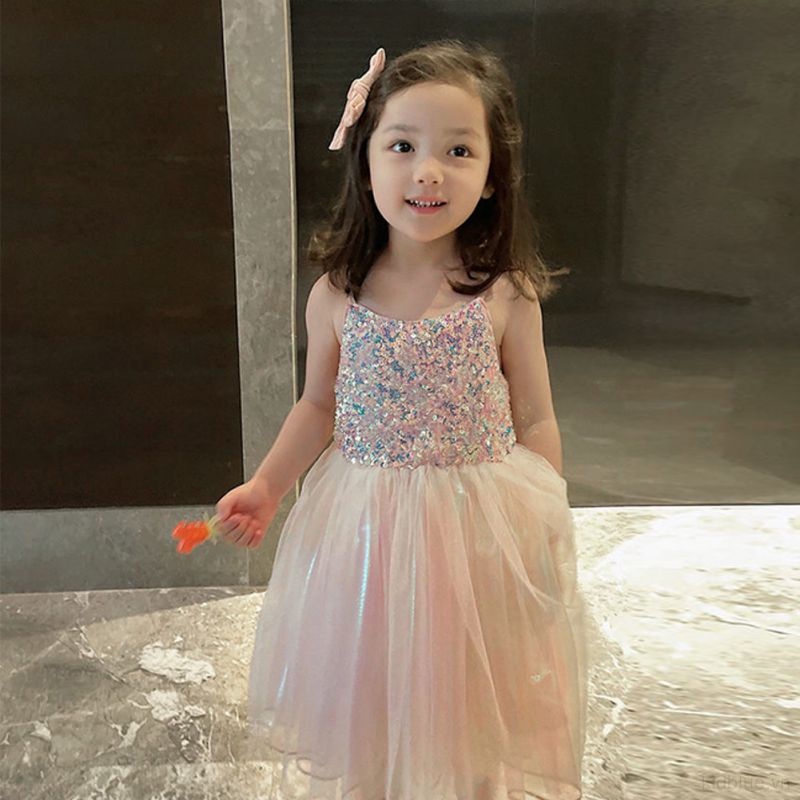 Đầm Hai Dây Phối Lưới Đính Kim Sa Lấp Lánh Thời Trang Mùa Hè Cho Bé Gái
