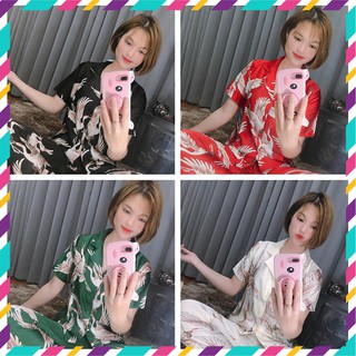 Bộ đồ pijama lụa cao cấp ngắn tay hồng hạc sang chảnh
