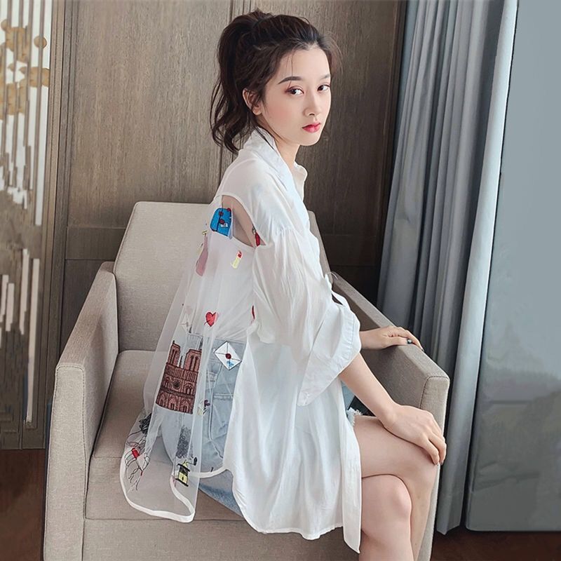 Áo sơ mi chống nắng màu trắng dễ thương phong cách Hàn Quốc cho nữ