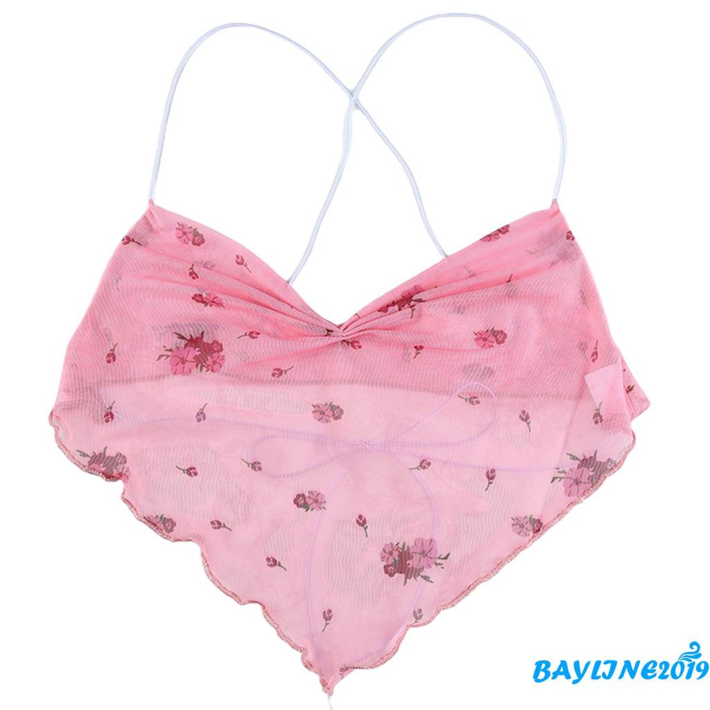 Áo croptop kiểu yếm hai dây phối lưới in hoa thiết kế dây đan chéo sau lưng quyến rũ cho nữ