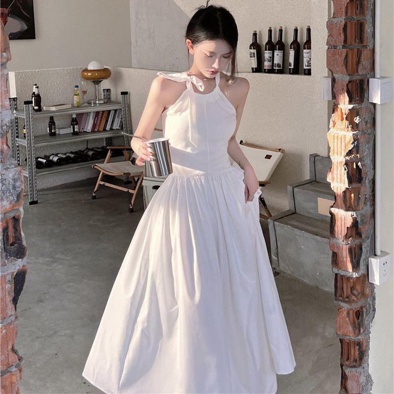 [MURIOKI] Đầm Trắng Dáng Dài Không Tay Thắt Nơ Phong Cách Hàn Quốc Thanh Lịch Dành Cho Nữ