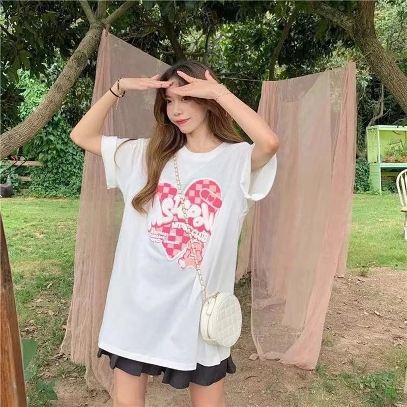 Cherryshop Sẵn sàng giao hàng 🔥Áo Thun Tay Ngắn Thời🍄 Oversize Dễ thương Ngọt Ngào Màu hồng tình yêu gấu in Áo Thun Đen trắng hồng ba màu
