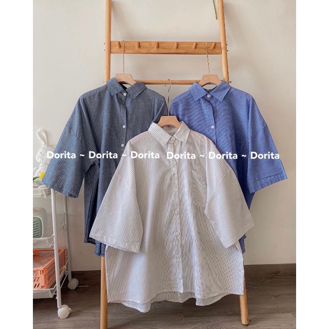 Áo sơ mi kẻ Basic oversize trùm mông, Áo sơ mi kẻ Hàn Quốc form rộng - Dorita Boutique