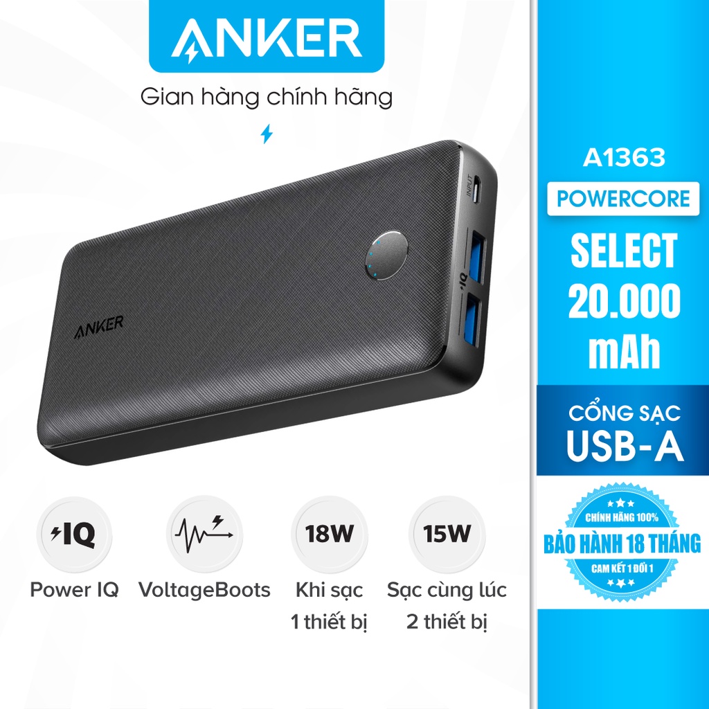 [Mã ELMALL150 giảm 8% đơn 500K] Pin sạc dự phòng ANKER PowerCore Select 20000mAh - A1363